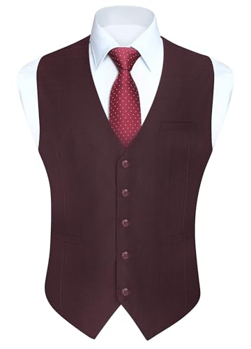 HISDERN Anzugweste für Herren Bordeaux Formale Hochzeit Weste Herren Anzug Einfarbige Baumwolle Anzugwesten mit Taschen Business Party 4XL von HISDERN