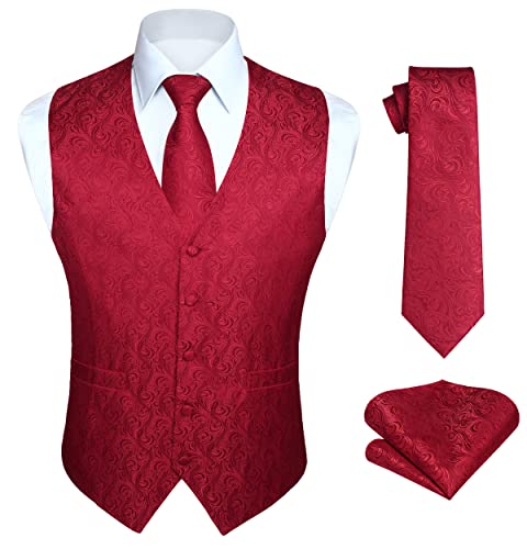 HISDERN Anzug Weste für Herren Paisley Jacquard Floral Hochzeit Party Rot Westen Krawatte Einstecktuch Taschentuch AnzugWesten Set XL von HISDERN