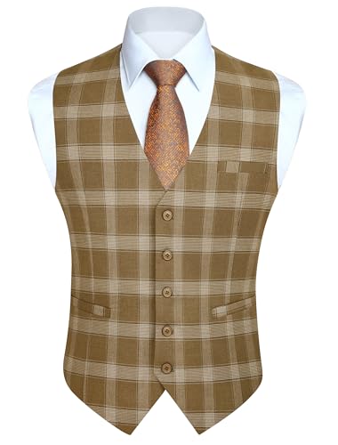 HISDERN Anzug Westen Herren Gelb Plaid Tweed Westeherren Retro Gilet für Hochzeit Business 2XL von HISDERN