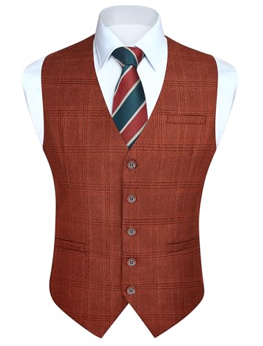 HISDERN Anzug Westen für Herren Orange Kariert Tweed Westenherren Elegant Gilet für Hochzeit Business 3XL von HISDERN