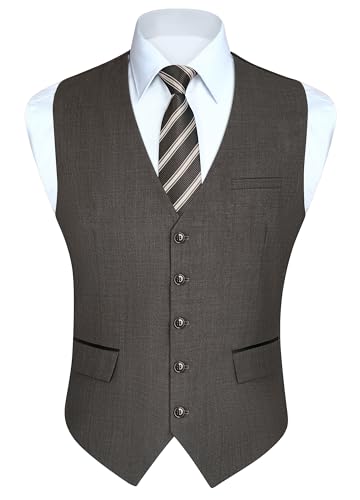 HISDERN Anzugweste Braun Herren Elegant Hochzeit Weste Anzug Klassische Einfarbig Businessweste Formelle Smoking Anzugwesten mit Taschen XS von HISDERN