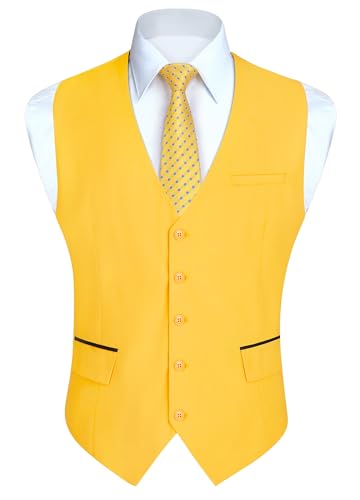 HISDERN Anzugweste Gelb Herren Elegant Hochzeit Weste Anzug Klassische Einfarbig Businessweste Formelle Smoking Anzugwesten mit Taschen 3XL von HISDERN