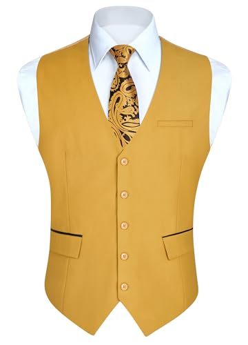 HISDERN Anzugweste Gelb Herren Elegant Hochzeit Weste Anzug Klassische Einfarbig Businessweste Formelle Smoking Anzugwesten mit Taschen XL von HISDERN