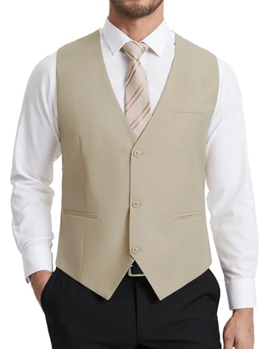 HISDERN Anzugweste Herren Beige Slim Fit Elegante Weste Herren Anzug Klassische Formelle Anzugwesten Einfarbig Hochzeit Smoking Westen für Männer mit 3 Knöpfen Taschen M von HISDERN