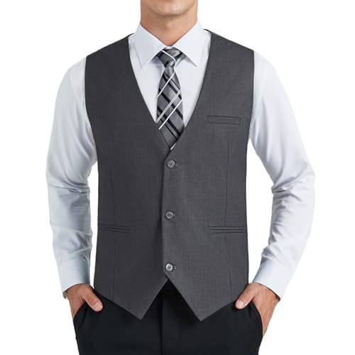 HISDERN Anzugweste Herren Dunkelgrau Formelle Hochzeit Weste Klassische Einfarbig Anzug Westen Elegant Smoking Anzugwesten für Männer mit Taschen XS von HISDERN