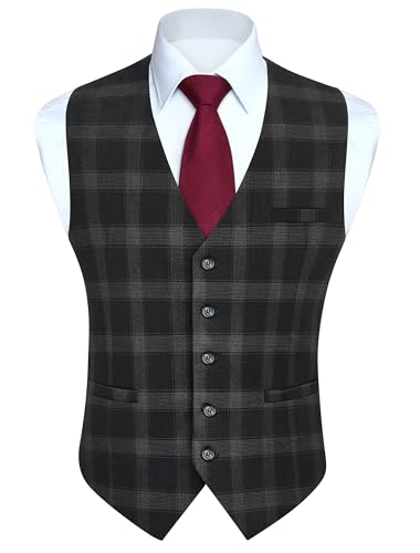 HISDERN Anzugweste Herren Dunkelgrau Plaid Tweed Westen Formale Westeherren für Hochzeit Business Party 2XL von HISDERN