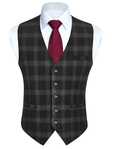 HISDERN Anzugweste für Herren Dunkel Grau Plaid Tweed Weste Formale Weste Herren für Hochzeit Business Party XS von HISDERN