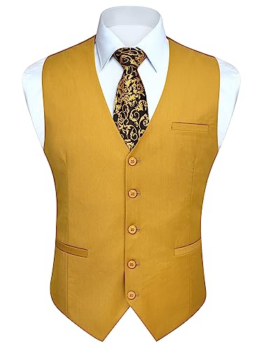 HISDERN Anzugweste Herren Gelb Weste Anzug Formelle Anzugwesten für Business Hochzeit Baumwolle Regular Fit Elegant Veste,Senfgelb,2XL von HISDERN