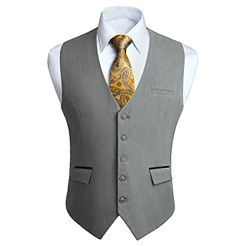 HISDERN Anzugweste Herren Grau Elegant Hochzeit Weste Klassische Casual Businessweste Formelle Smoking Anzugwesten mit Taschen M von HISDERN