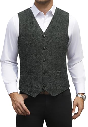 HISDERN Anzugweste Herren Grau Tweed Weste Herren Anzug Vintage Herringbone Herrenweste Regular Fit für Casual Business Hochzeit 4XL von HISDERN