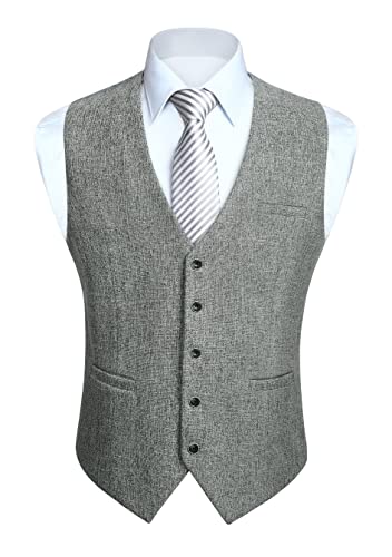 HISDERN Anzugweste Herren Hochzeit Hellgrau Formale Klassische Casual V-Ausschnitt Retro Einfarbige Westen Business Party Baumwolle Weste Grau 2XL von HISDERN