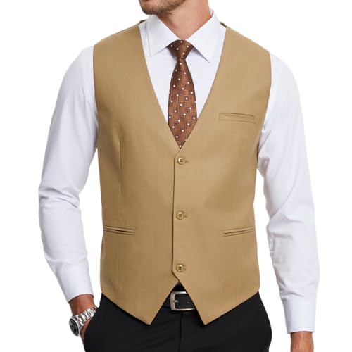 HISDERN Anzugweste Herren Khaki Formelle Hochzeit Anzug Westen Klassische Einfarbig Weste Elegant Smoking Anzugwesten für Männer mit Taschen S von HISDERN
