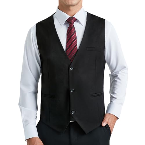 HISDERN Anzugweste Herren Schwarz Formelle Hochzeit Weste Klassische Einfarbig Anzug Westen Elegant Smoking Anzugwesten für Männer mit Taschen 3XL von HISDERN