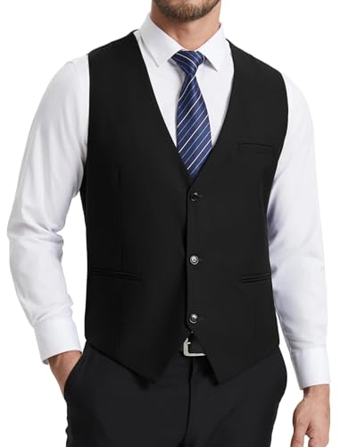 HISDERN Anzugweste Herren Schwarz Slim Fit Elegante Weste Herren Anzug Klassische Formelle Anzugwesten Einfarbig Hochzeit Smoking Westen für Männer mit 3 Knöpfen Taschen 4XL von HISDERN