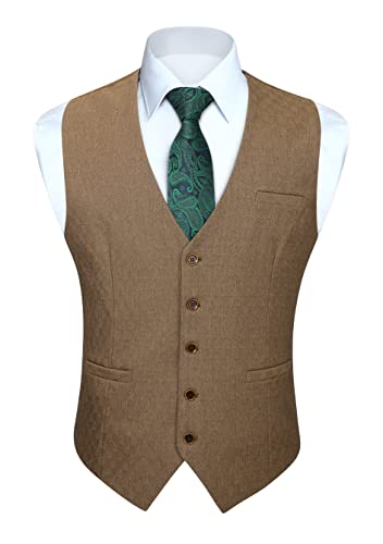 HISDERN Anzugweste für Herren Braun Hochzeit Weste Herren Anzug Elegant Retro Business Anzugwesten Formale Einfarbige Baumwolle mit Taschen XS von HISDERN