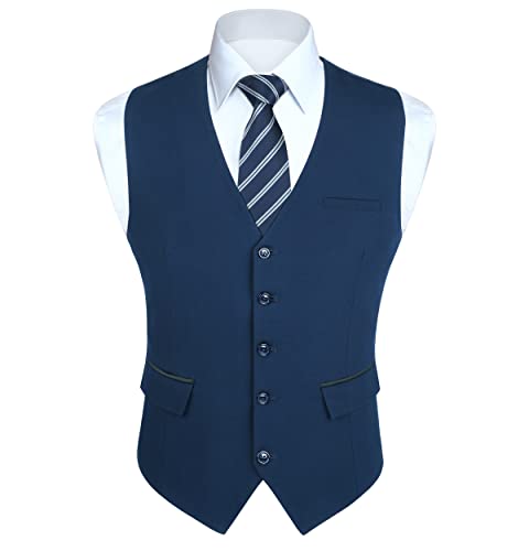 HISDERN Anzugweste Navy Blau Herren Elegant Hochzeit Weste Anzug Klassische Einfarbig Businessweste Formelle Smoking Anzugwesten mit Taschen M von HISDERN