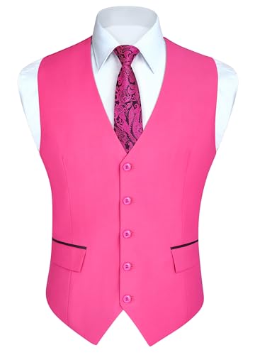 HISDERN Anzugweste Rosa Herren Elegant Hochzeit Weste Anzug Klassische Einfarbig Businessweste Formelle Smoking Anzugwesten mit Taschen 4XL von HISDERN