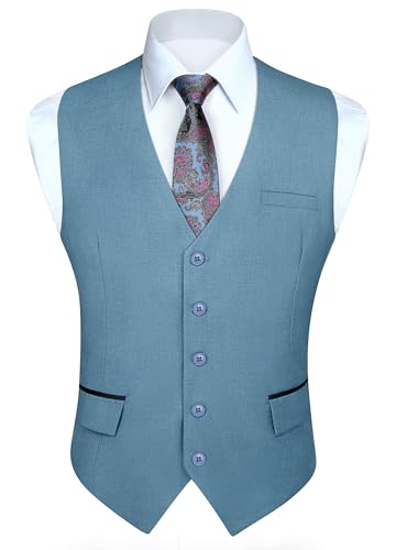 HISDERN Anzugweste Stahl Blau Herren Elegant Hochzeit Weste Anzug Klassische Einfarbig Businessweste Formelle Smoking Anzugwesten mit Taschen 2XL von HISDERN
