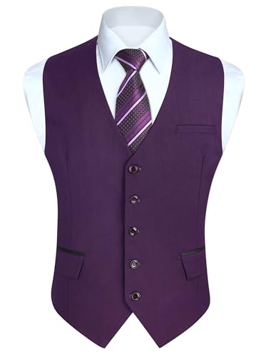 HISDERN Anzugweste Violett Herren Elegant Hochzeit Weste Anzug Klassische Einfarbig Businessweste Formelle Smoking Anzugwesten mit Taschen S von HISDERN