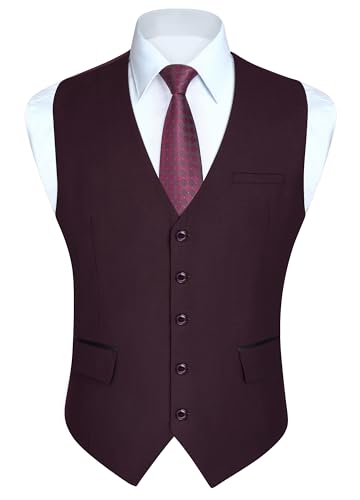 HISDERN Anzugweste Weinrot Herren Elegant Hochzeit Weste Anzug Klassische Einfarbig Businessweste Formelle Smoking Anzugwesten mit Taschen S von HISDERN