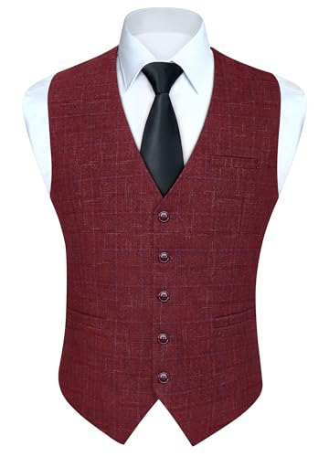 HISDERN Anzugweste für Herren Burgund Formale Anzug WesteHochzeits Party Westen Plaid Klassisch Business,Burgund 2,XS von HISDERN