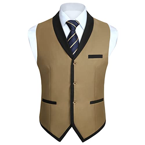 HISDERN Anzugweste für Herren Elegant Anzug Weste Regular Fit Herrenweste Hochzeitsweste für Männer Hochzeit Anzugwesten mit Schwarz Revers,Khaki,XS von HISDERN