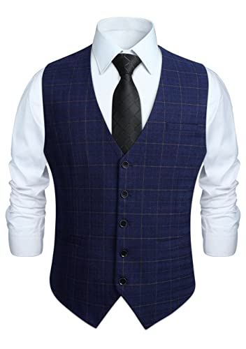 HISDERN Anzugweste für Herren Formale Weste Hochzeits Party Westen Plaid Klassisch Business Anzug Weste Blau 4XL von HISDERN