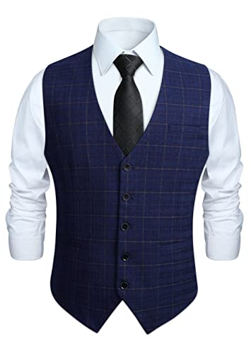 HISDERN Anzugweste für Herren Formale Weste Hochzeits Party Westen Plaid Klassisch Business Anzugwesten Blau XXL von HISDERN