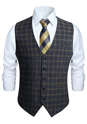 HISDERN Anzugweste für Herren Formale Weste Hochzeits Party Westen Plaid Klassisch Business Anzug Weste Grau 4XL von HISDERN