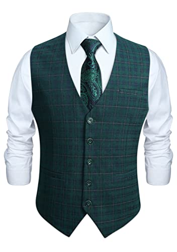 HISDERN Anzugweste für Herren Formale Weste Hochzeits Party Westen Plaid Klassisch Business Anzugwesten Grün 4XL von HISDERN