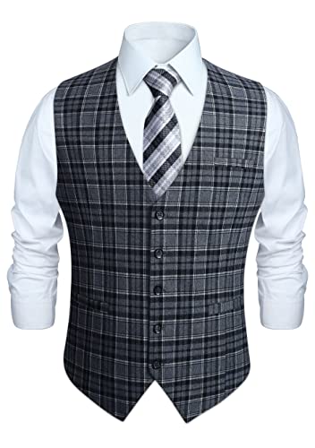HISDERN Anzugweste für Herren Formale Weste Hochzeits Party Westen Plaid Klassisch Business Anzugwesten Schwarz L von HISDERN