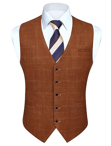 HISDERN Anzugweste für Herren Formale Weste Hochzeits Party Westen Plaid Klassisch Business Herren Anzug Weste,Gebranntes Orange,2XL von HISDERN