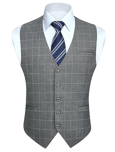 HISDERN Anzugweste für Herren Formale Weste Hochzeits Party Westen Plaid Klassisch Business Herren Anzug Weste,Hellgrau-N,2XL von HISDERN