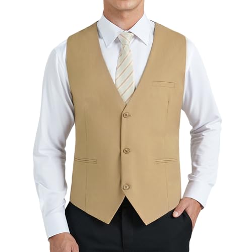 HISDERN Anzugweste für Herren Formelle Hochzeit Weste Beige Klassische Einfarbig Anzug Westen Elegant Smoking Anzugwesten für Männer mit Taschen L von HISDERN