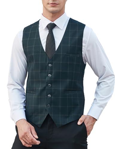 HISDERN Anzugweste für Herren Grün Formale Weste Hochzeits Party Westen Plaid Klassisch Business Anzug Weste,Grün 2,4XL von HISDERN