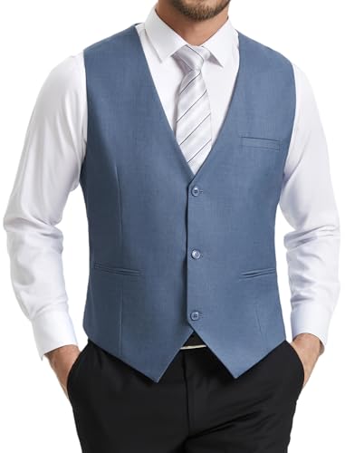 HISDERN Anzugweste für Herren Dusty Blau Slim Fit Elegante Weste Herren Anzug Klassische Formelle Anzugwesten Einfarbig Hochzeit Smoking Westen Blau Männer mit 3 Knöpfen Taschen 4XL von HISDERN