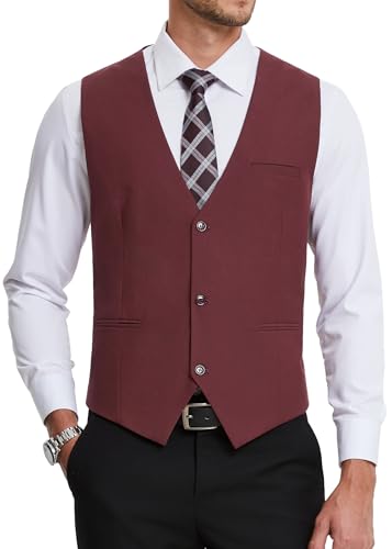 HISDERN Anzugwesten für Herren Burgund Formelle Hochzeit Anzug Westen Klassische Einfarbig Weste Elegant Smoking Anzugweste Männer mit Taschen XXL von HISDERN