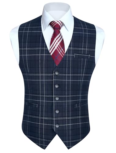 HISDERN Blau Herren Anzugweste Kariert Klassische Westen Tweed Westeherren für Hochzeit Business M von HISDERN