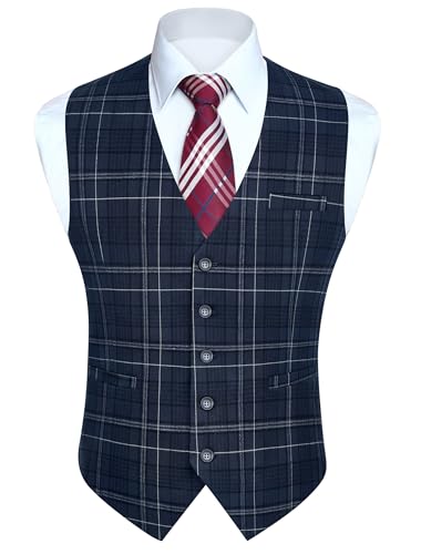 HISDERN Anzugweste Herren Blau Klassische Kariert Weste Plaid Westeherren für Hochzeit Business M von HISDERN