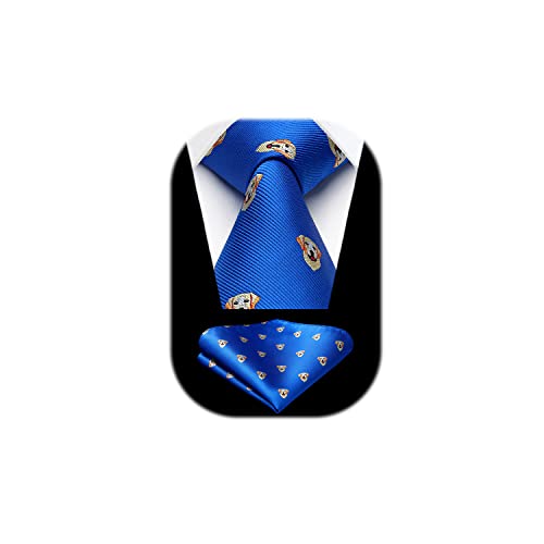 HISDERN Blau Herren Krawatte Hundemuster Hochzeit krawatte für Herren Klassische Business-Krawatte und Einstecktuch Set von HISDERN