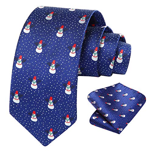 HISDERN Blau Weihnachts Krawatte für Herren Schneemann Muster Xmas Party Festlich Krawatten & Einstecktuch Set Mode von HISDERN