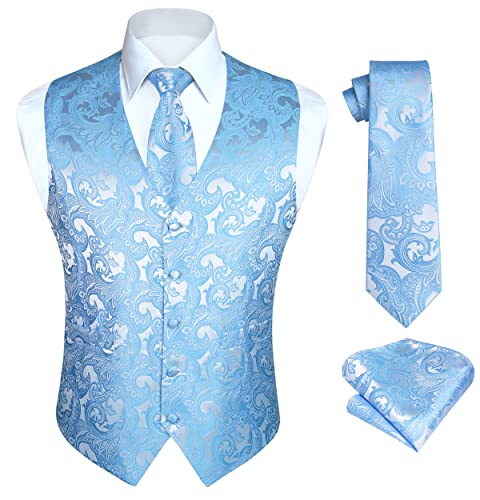 HISDERN Blaue Weste Herren Paisley Westen Floral Jacquard Krawatte Einstecktuch Einstecktuch Hochzeit Business Fit Weste Anzug Set XL von HISDERN