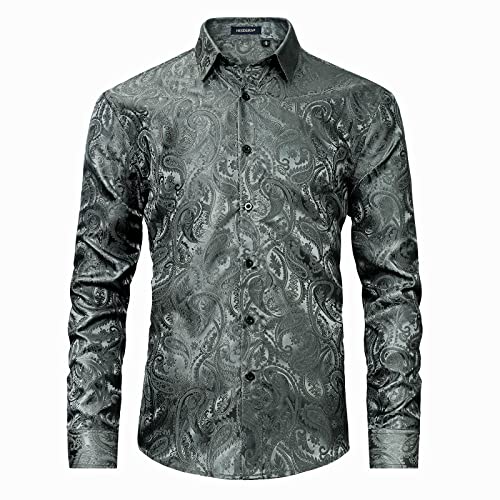 HISDERN Herren Paisley Hemd Langarm Grau Satin Blumen Muster Hemd für Männer Jacquard Stickerei Freizeithemd für Hochzeit Regular Fit L von HISDERN