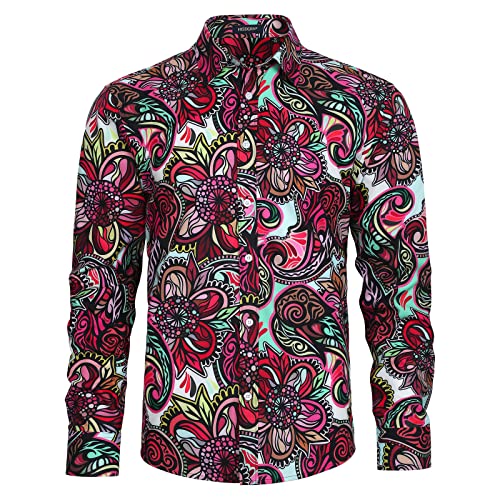 HISDERN Blumen Hemd Herren Langarm Freizeithemd Bunte Funky Muster Paisley Hemden M von HISDERN