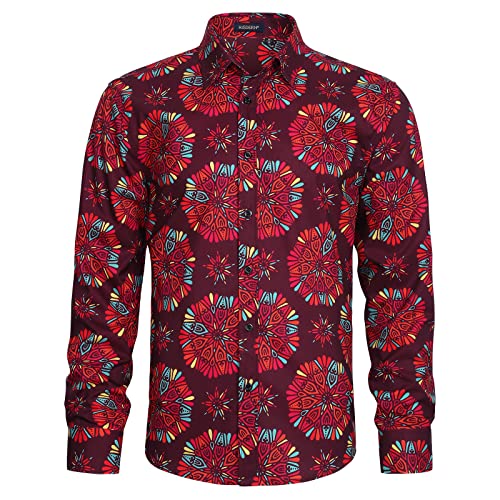 HISDERN Blumen Hemd Herren Langarm Freizeithemd Rot Muster Funky Hemd Regular Fit Casual Shirts M von HISDERN