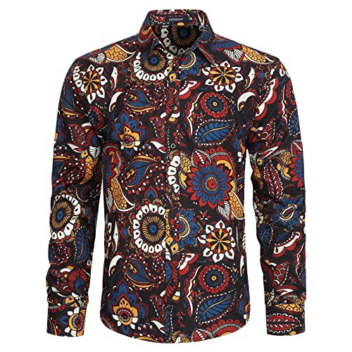 HISDERN Blumen Hemd Herren Langarm Muster Paisley Freizeitshemd Langarmhemd Casual Shirt M von HISDERN