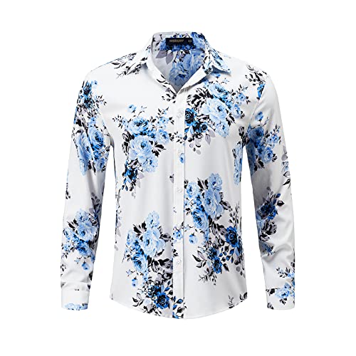 HISDERN Blumen Hemden Herren Langarm, Freizeithemden Button Down Funky Shirt Männer Bedrucken Blumig Casual Shirts Für Party Hochzeit,Weiß und Blau,M von HISDERN