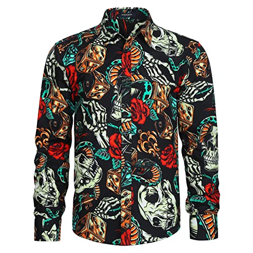 HISDERN Blumen Langarm Hemden Herren Muster Freizeithemd Funky Schwarz Hawaii-Print Hemd Casual Regular fit S von HISDERN