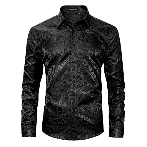 HISDERN Schwarz Herren Paisley Hemd Langarm Satin Blumen Muster Hemd für Männer Jacquard Stickerei Freizeithemd für Hochzeit Regular Fit M von HISDERN