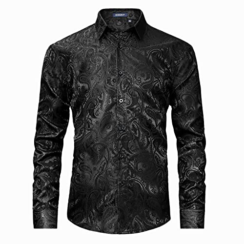 HISDERN Schwarze Herren Seide Blumen Muster Hemd Langarm Paisley Satin Hemden Jacquard Button Down Freizeithemd Regular Fit L von HISDERN